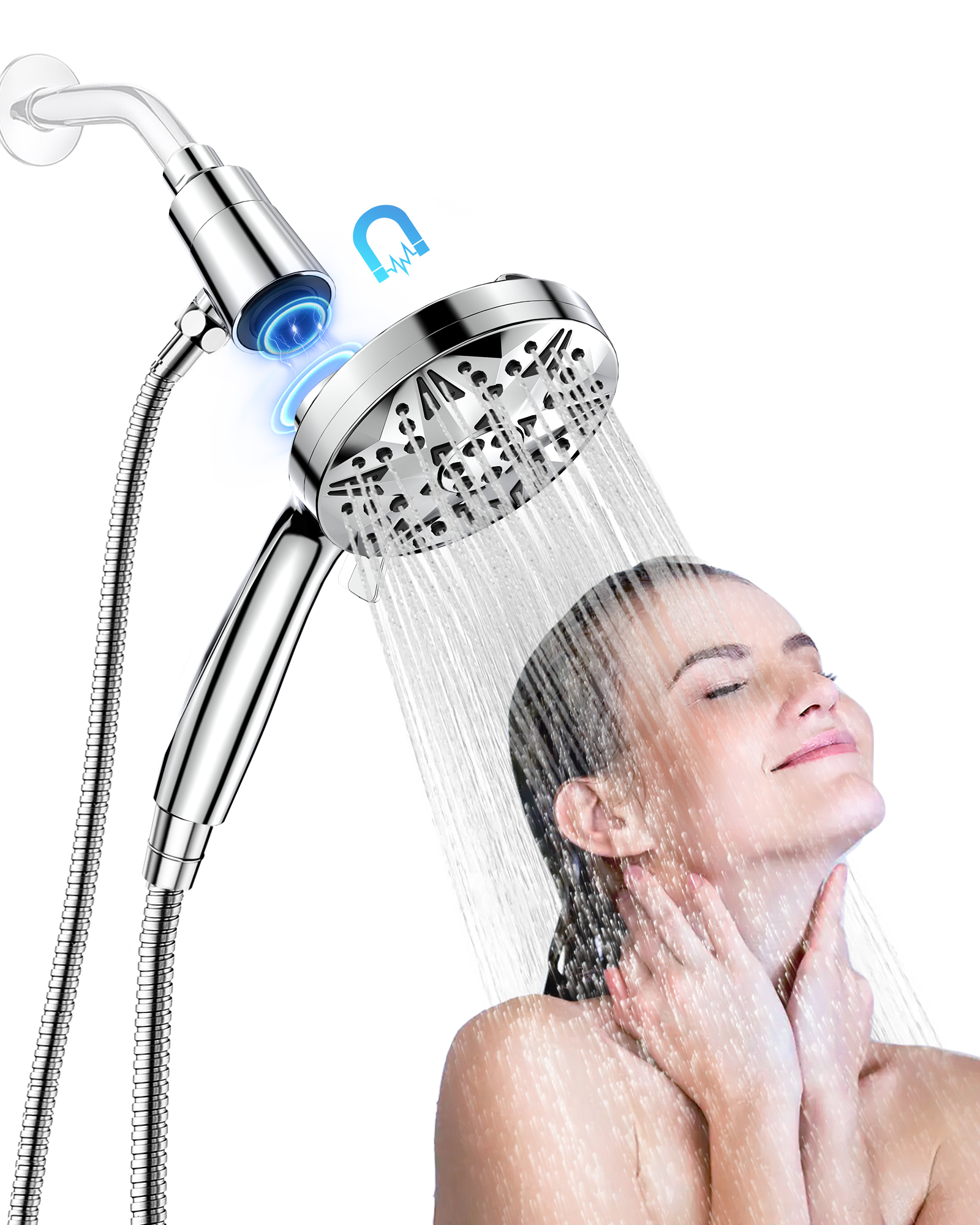 Hodvit Handheld Showerhead w/ Magnetic Docking Brackets,High Pressure 10 Spray Modes Shower Head,New